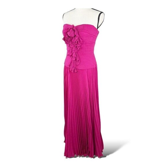 Carmen Marc Valvo Silk Strapless Fuchsia Gown With Ruffle Detail Pleated Skirt 4 - Picture 1 of 12